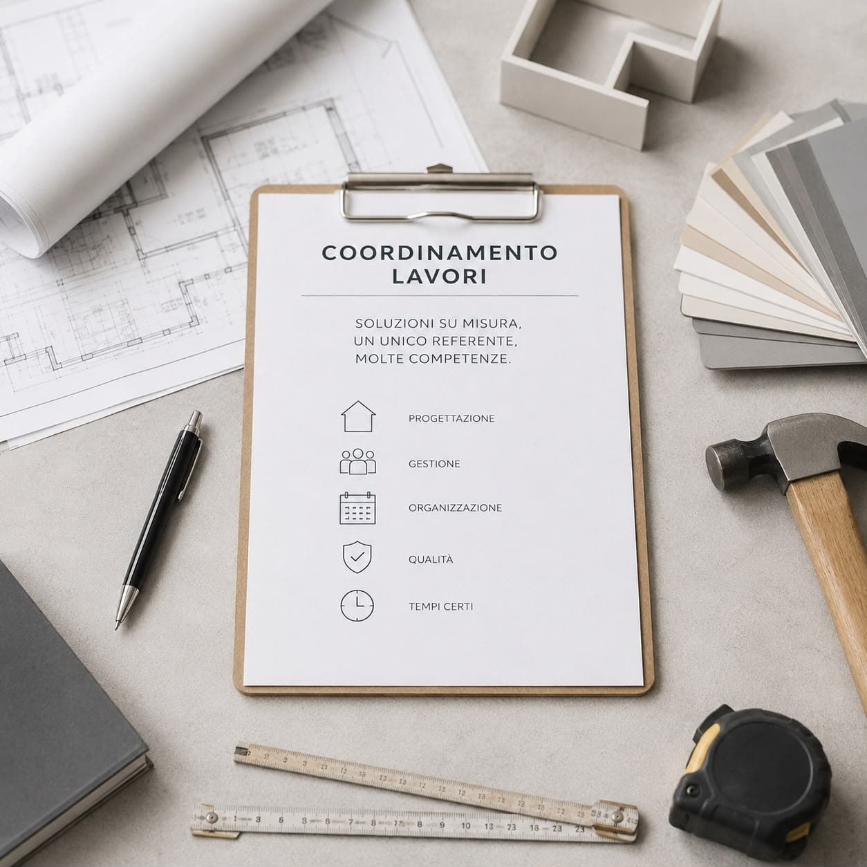 Planimetrie, campioni colore e attrezzi per il coordinamento dei lavori