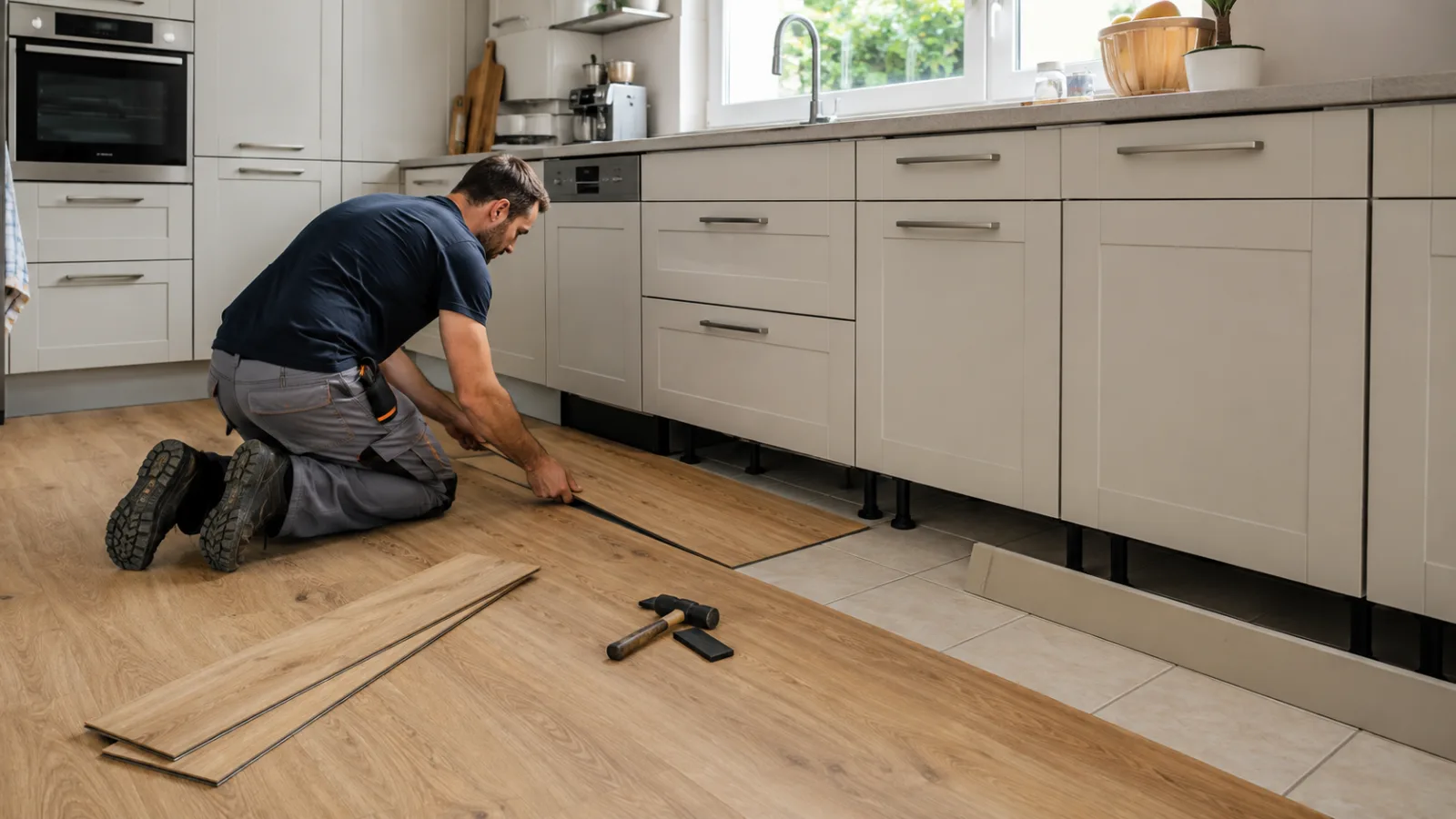 Cambiare pavimento senza smontare la cucina con posa di pavimento SPC sopra le vecchie piastrelle