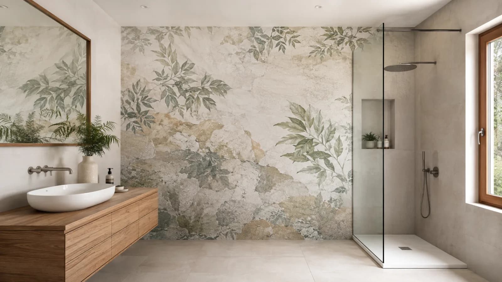 Carta da parati decorativa applicata in un bagno moderno con lavabo e parete rivestita a Gallarate