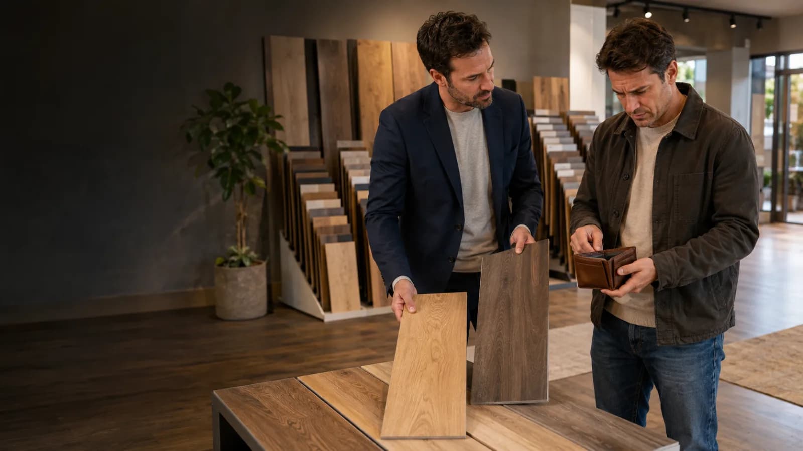 Venditore di pavimenti SPC e laminati con cliente che valuta prezzi e costi di acquisto e posa a Varese