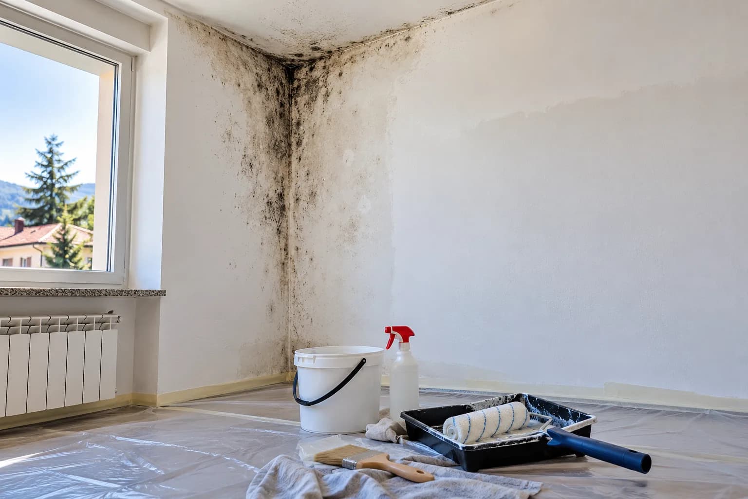 Parete interna con muffa nell’angolo tra muro e soffitto durante un trattamento antimuffa professionale prima della nuova pittura.
