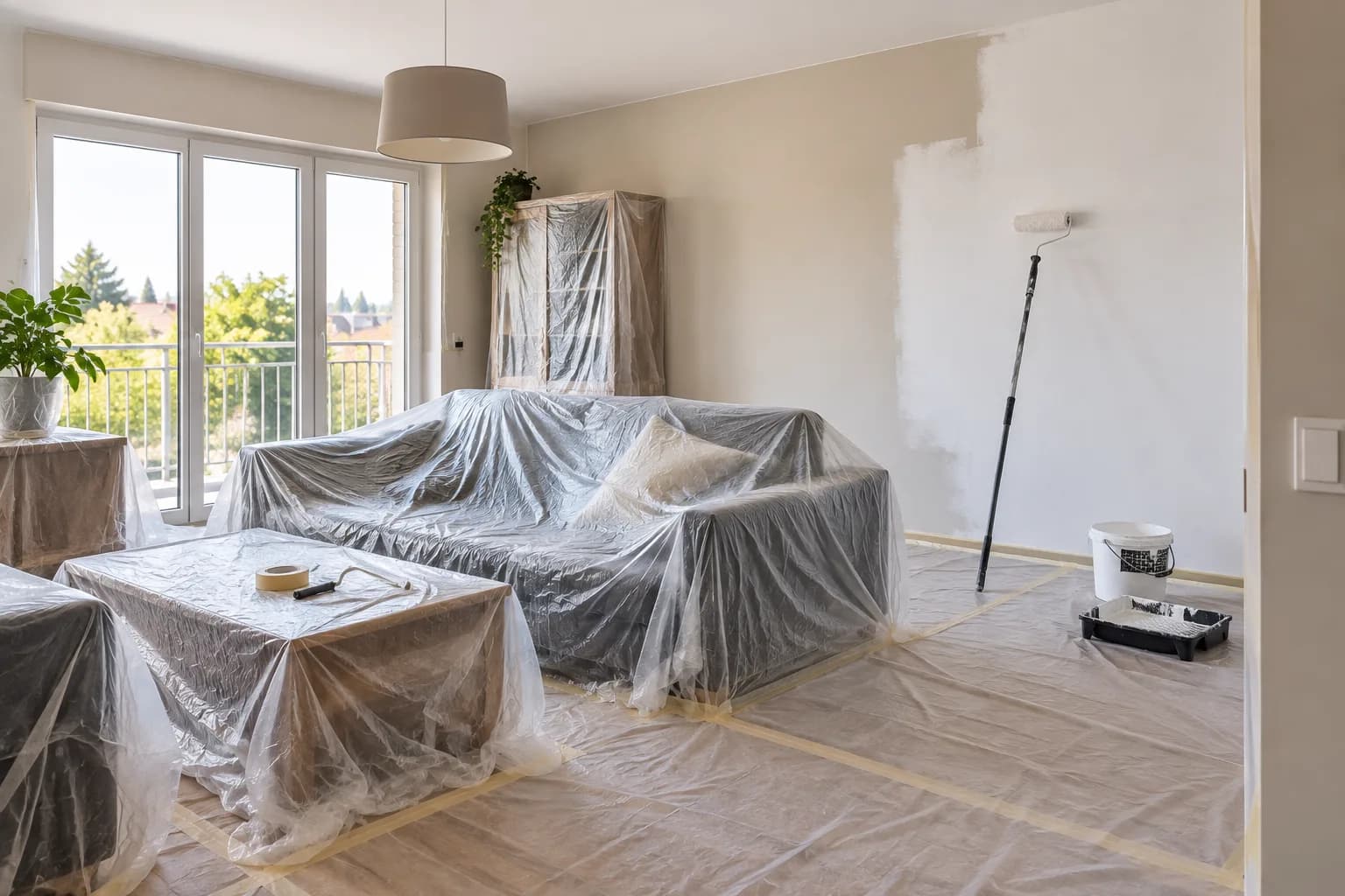 Mobili raggruppati e coperti al centro di una stanza durante l’imbiancatura delle pareti in una casa ammobiliata.