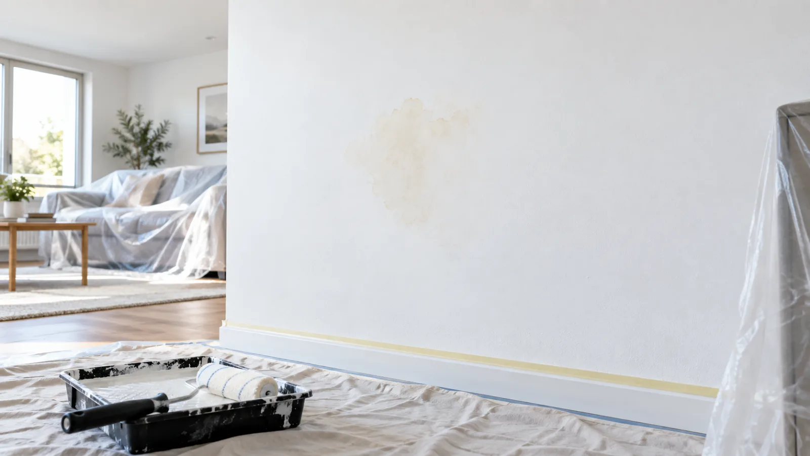 Macchia giallastra che riaffiora su una parete bianca dopo una nuova mano di pittura.
