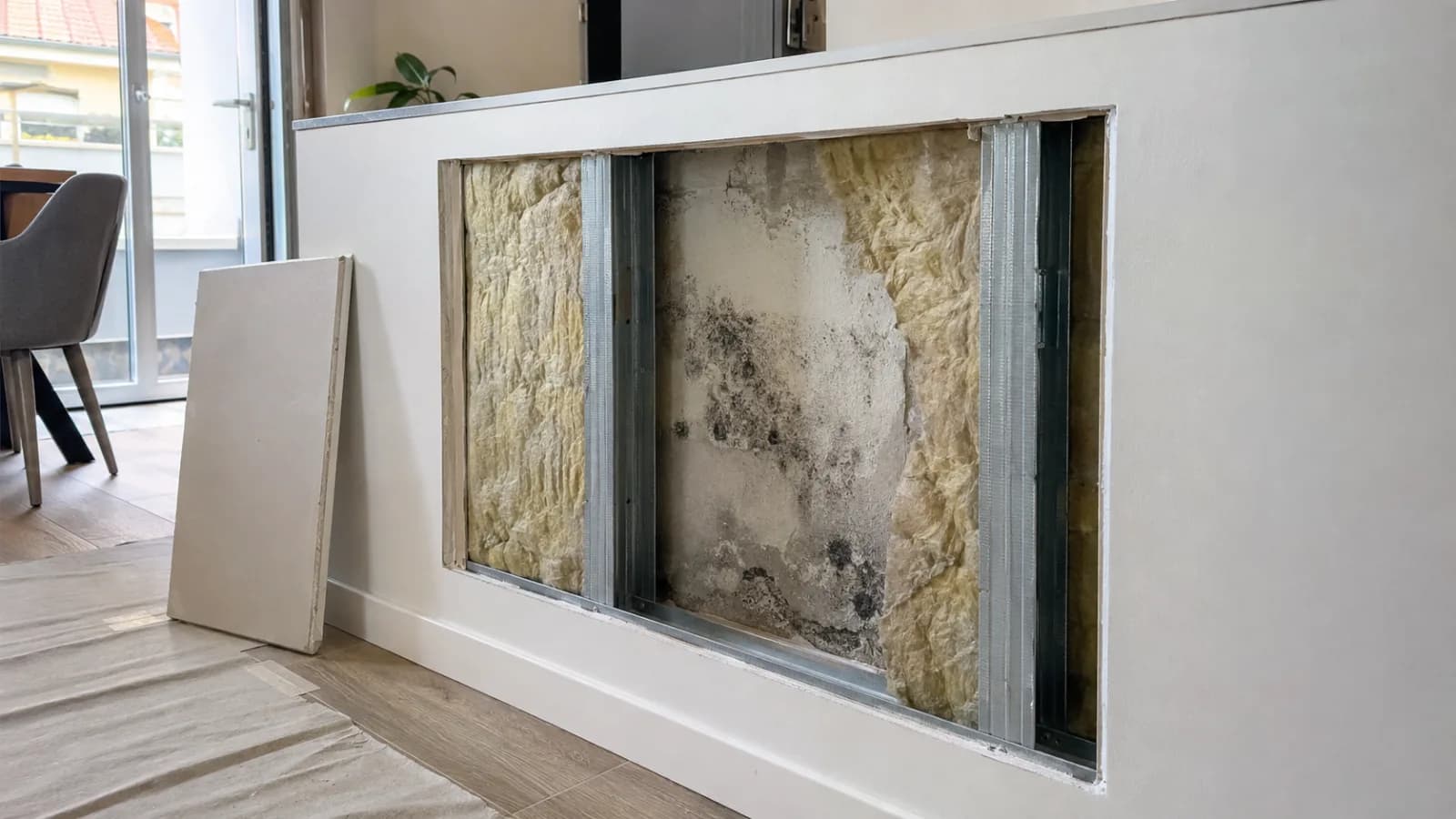 Muffa dietro il cartongesso visibile nell’intercapedine di una controparete aperta durante il controllo dell’umidità