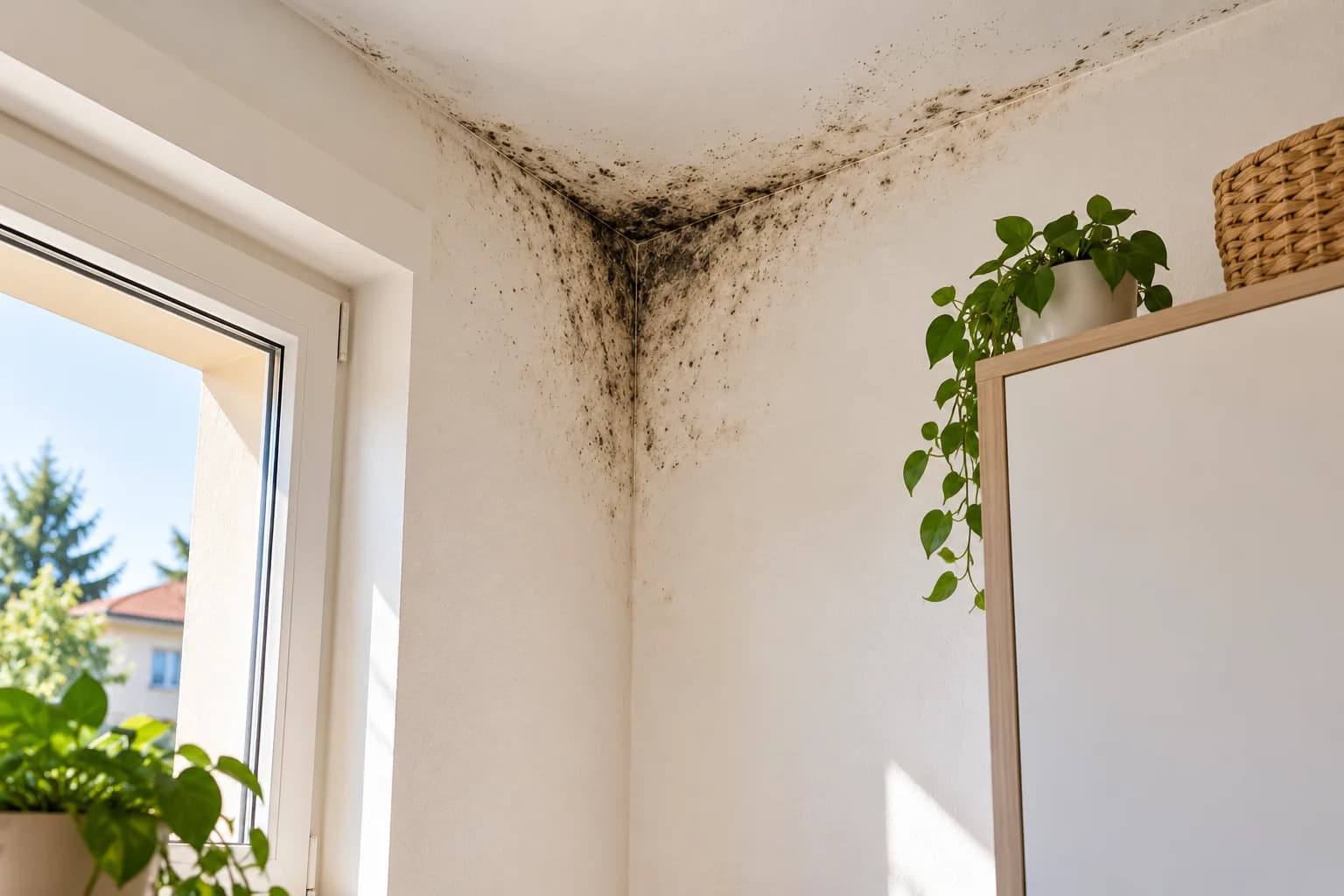 Muffa scura concentrata nell’angolo tra parete e soffitto di una stanza, vicino a una finestra.