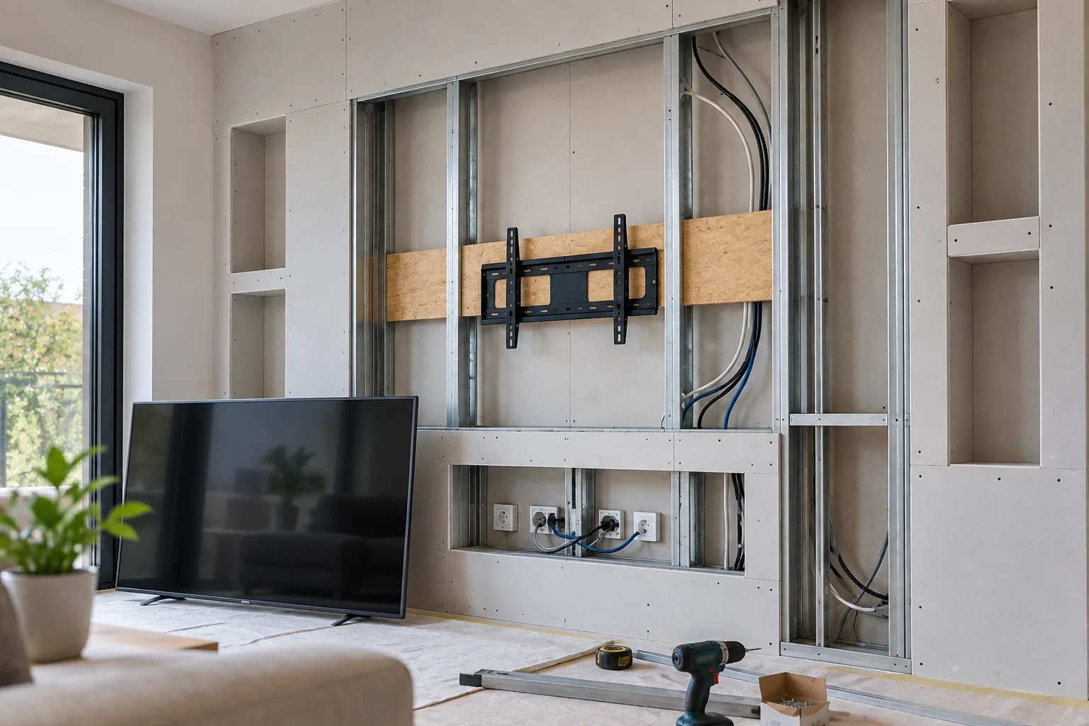Parete TV in cartongesso in costruzione con rinforzo interno predisposto per il televisore e passaggi per i cavi.