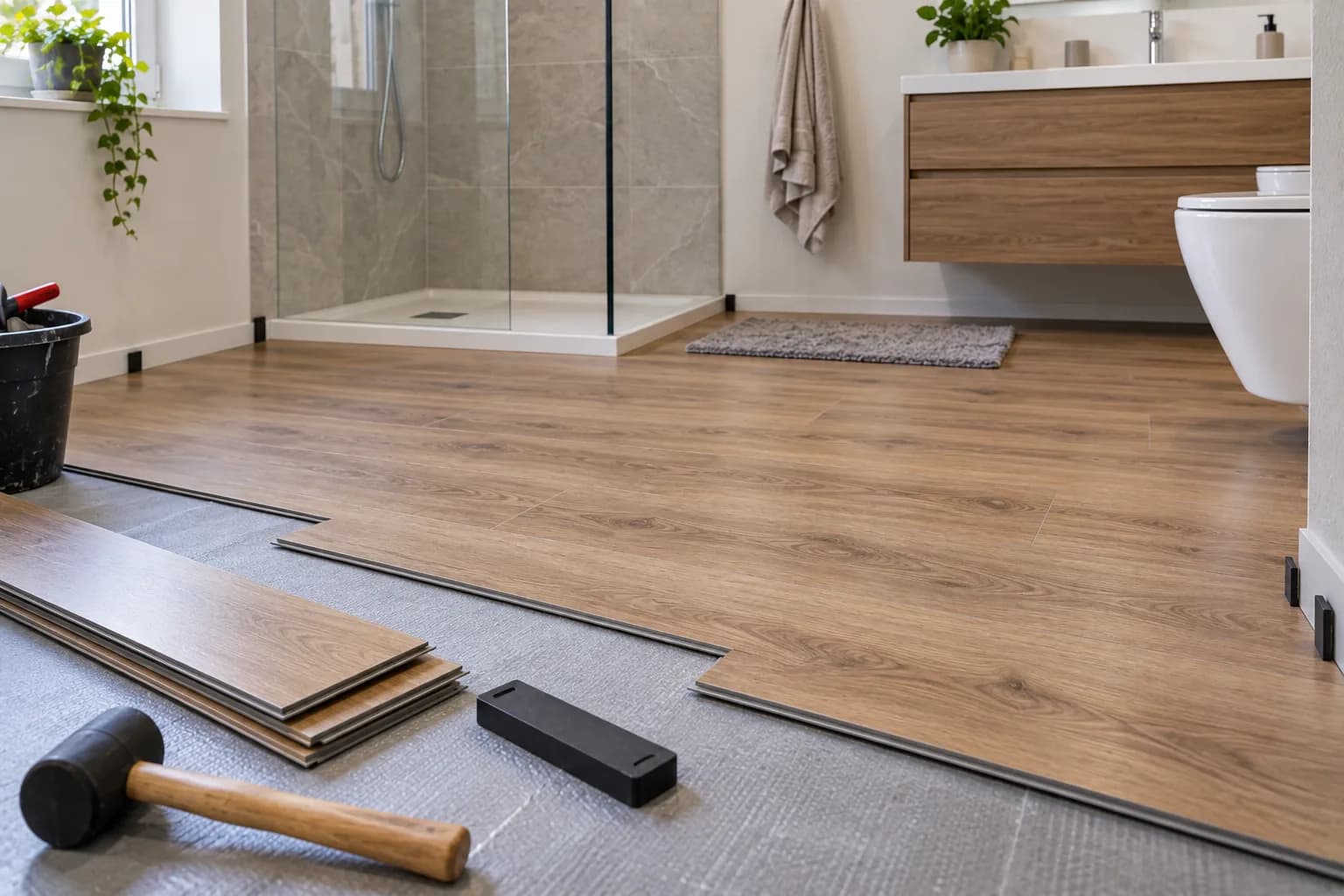 Fotografia professionale e fotorealistica di un bagno moderno durante la posa di un pavimento SPC effetto legno. In primo piano devono essere chiaramente visibili alcune doghe SPC già posate e altre ancora da installare con sistema a incastro realistico. Sullo sfondo deve vedersi un piatto doccia moderno separato dal pavimento SPC, così da far capire correttamente che l'SPC riveste il bagno ma non l'interno della doccia. Deve essere visibile anche un dettaglio realistico del bordo perimetrale vicino alla parete o alla soglia, senza rappresentare una sigillatura tecnicamente impossibile. Ambiente luminoso e ordinato, pochi strumenti professionali plausibili, nessuna persona necessaria, nessuna scritta e nessun logo.