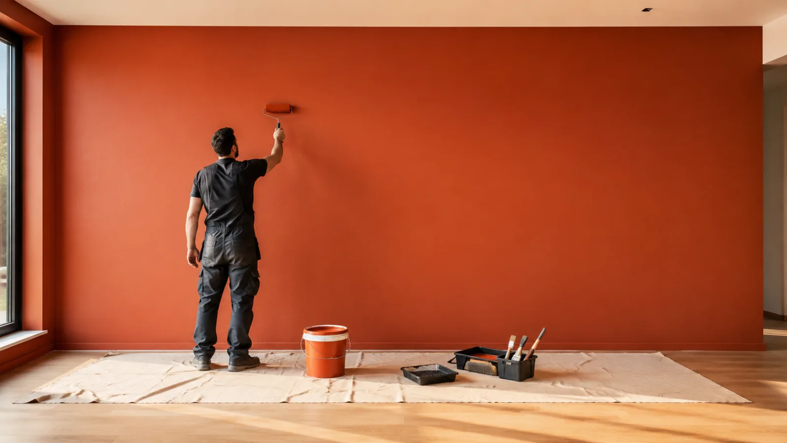Imbianchino ripreso di spalle mentre tinteggia una parete, con pavimento protetto, pittura e attrezzatura professionale.