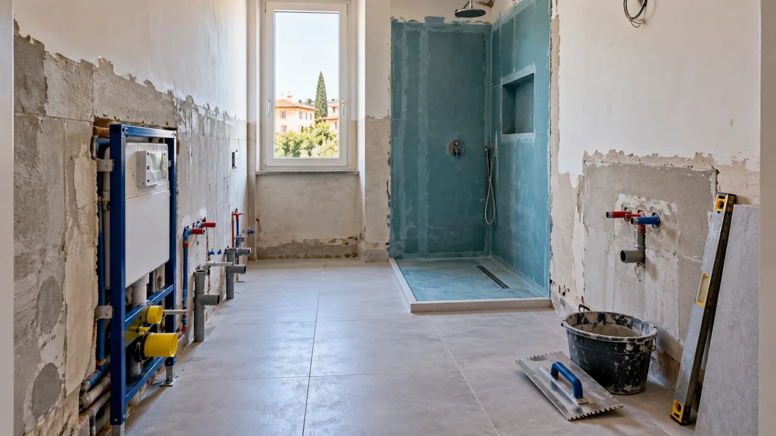 Bagno di circa 5 mq durante una ristrutturazione completa con nuovi impianti, zona doccia e rivestimenti in lavorazione.