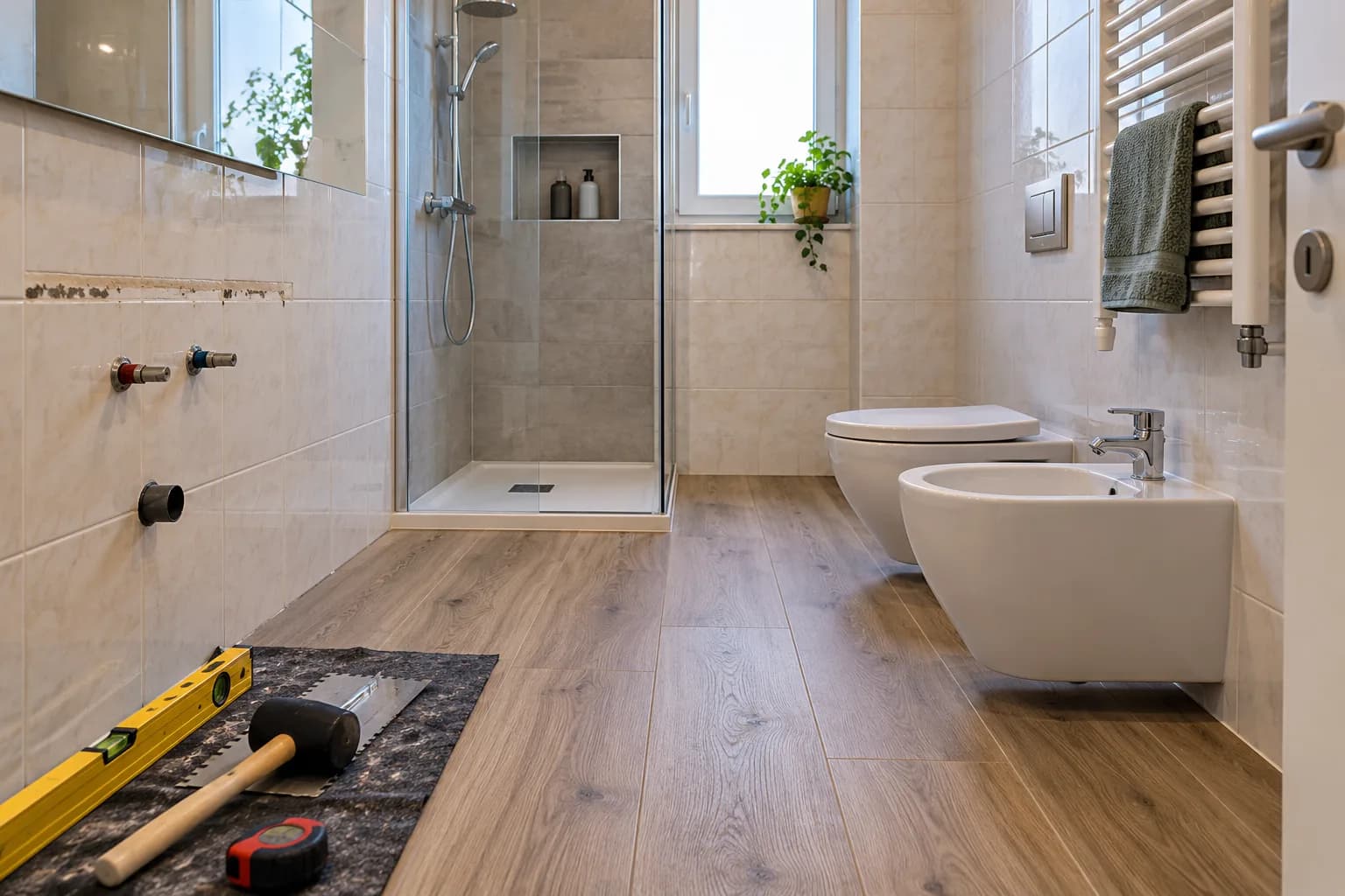 Bagno rinnovato senza demolizione completa, con vecchie piastrelle mantenute, nuovo pavimento effetto legno e zona doccia.