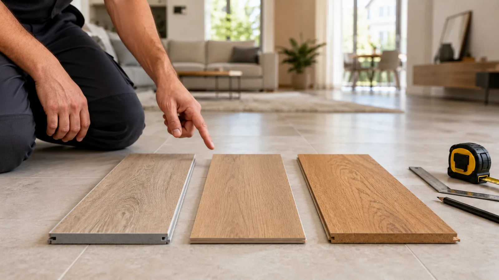Confronto tra campioni dritti e allineati di pavimento SPC, PVC e laminato in un’abitazione a Tradate.